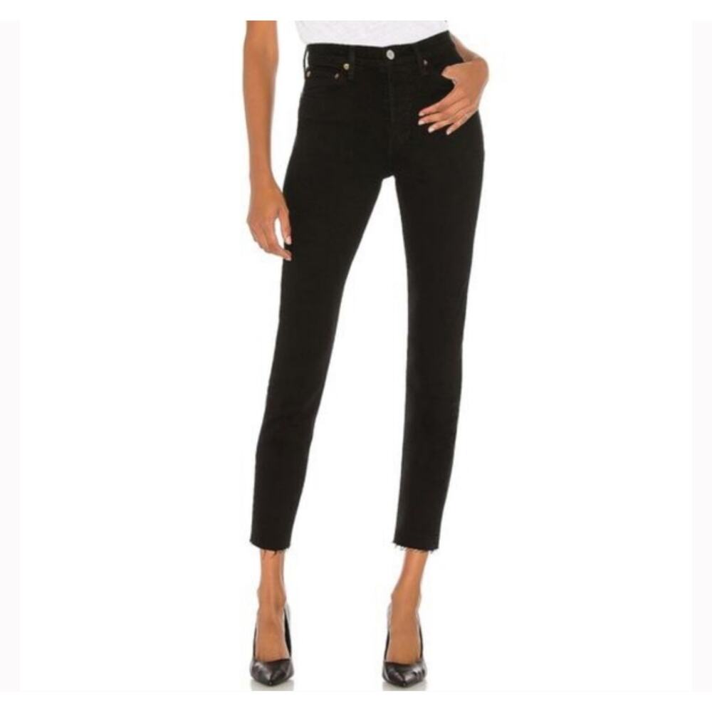 Re/Done High Rise‎ Ankle Cropped Stretch Jeans Black Raw Hem Women’s 27